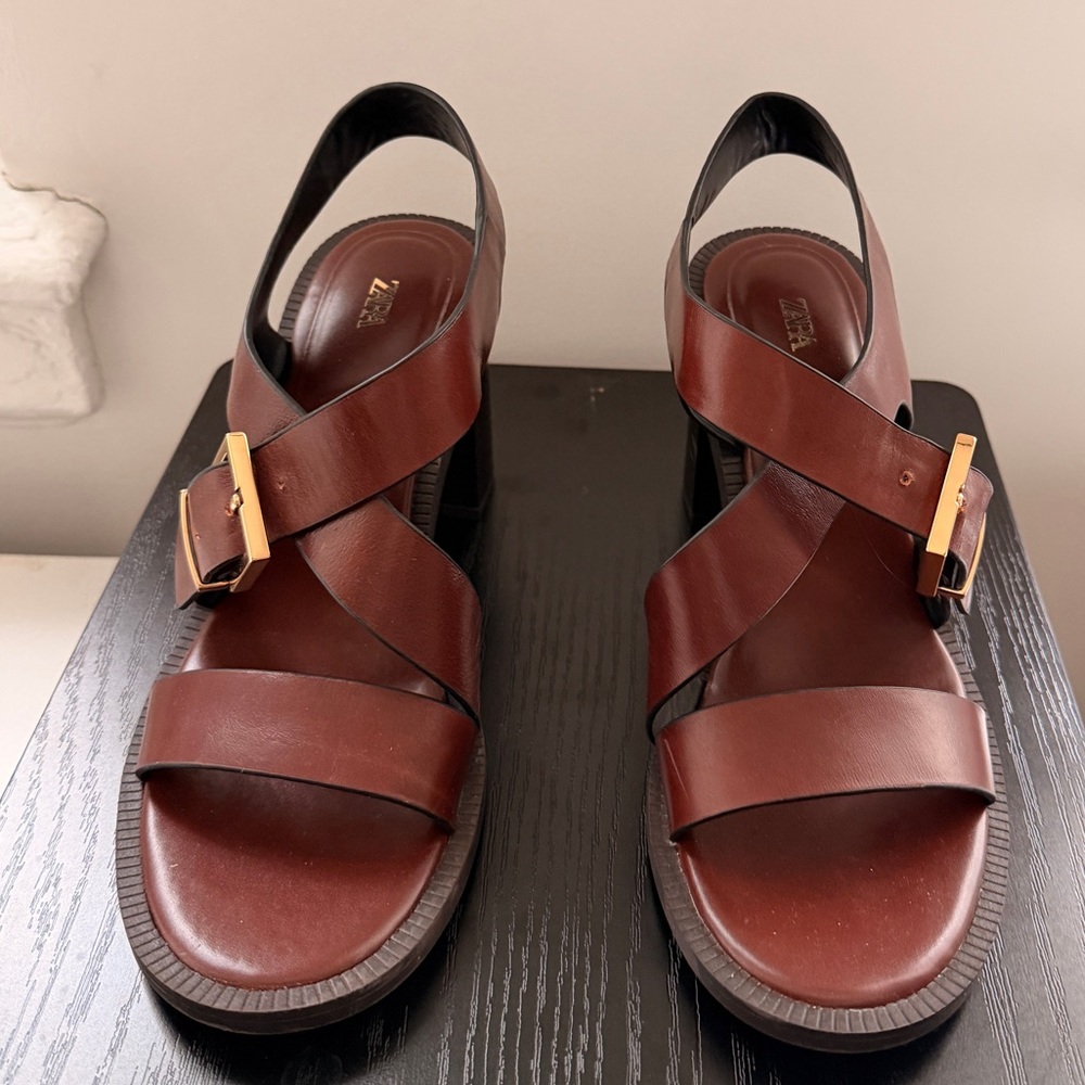 Zara Brown Leather Sandals With Gold Buckles Like New 2025